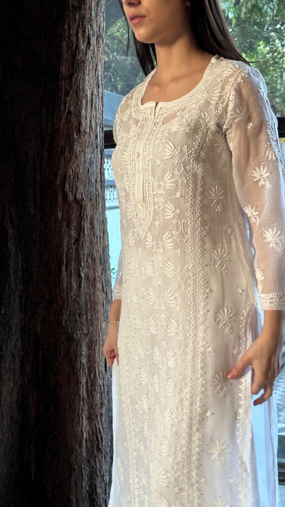 White Floral Kota Chikankari Ready To Wear Kurta