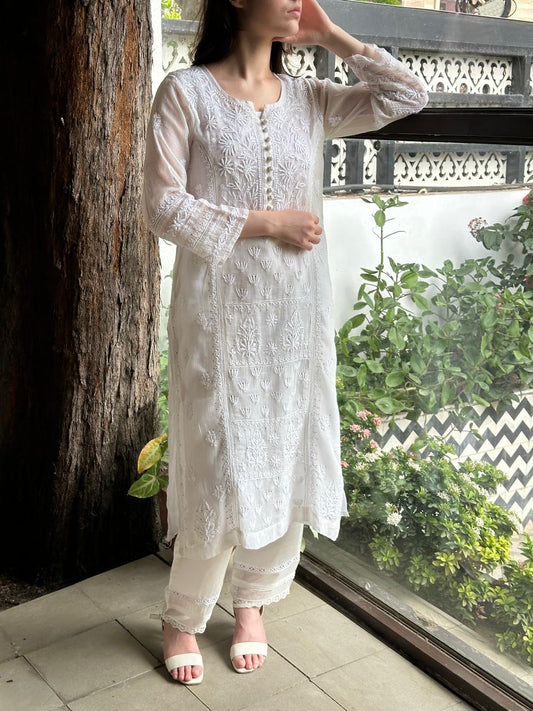 White Floral Kota Chikankari Ready To Wear Straight Kurta With Slip