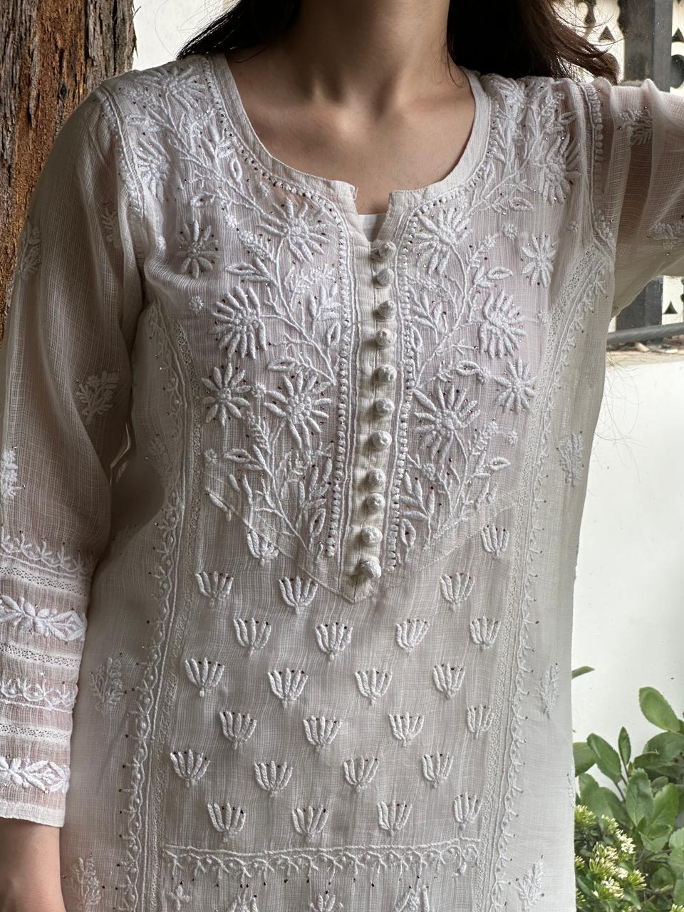 White Floral Kota Chikankari Ready To Wear Straight Kurta With Slip