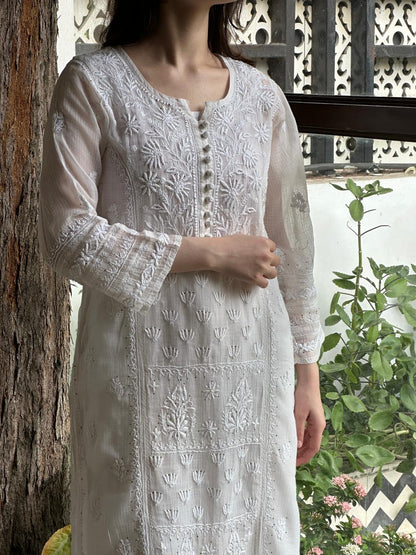 White Floral Kota Chikankari Ready To Wear Straight Kurta With Slip