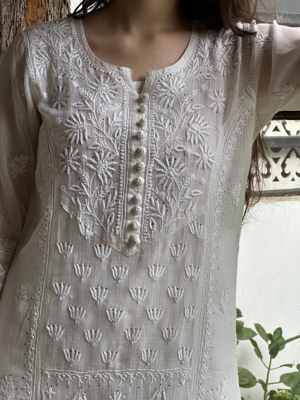 White Floral Kota Chikankari Ready To Wear Straight Kurta With Slip