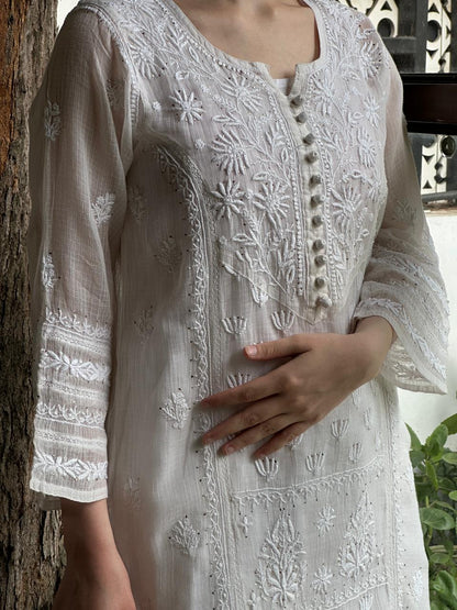 White Floral Kota Chikankari Ready To Wear Straight Kurta With Slip