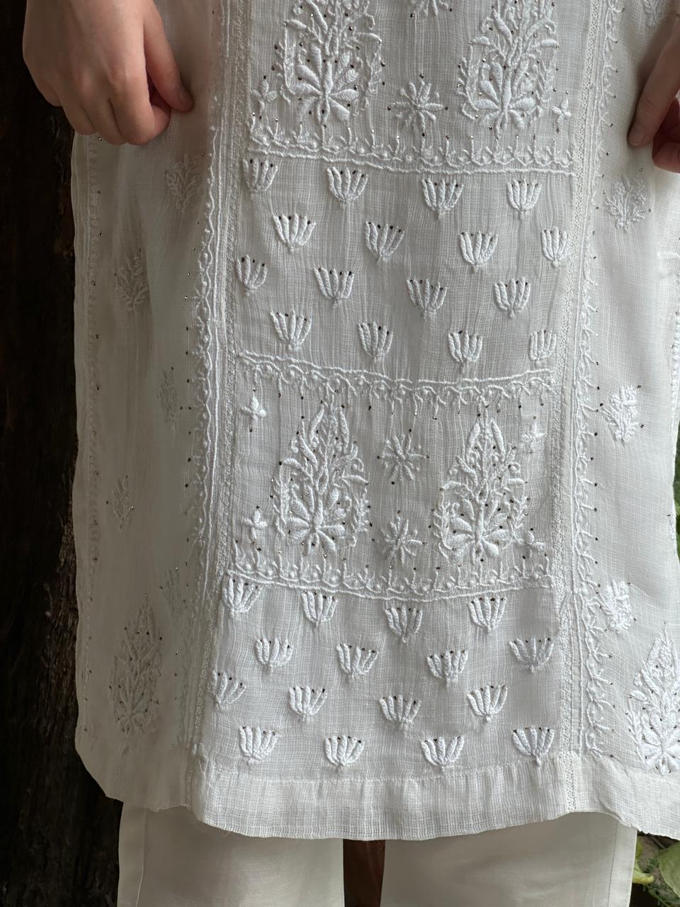 White Floral Kota Chikankari Ready To Wear Straight Kurta With Slip