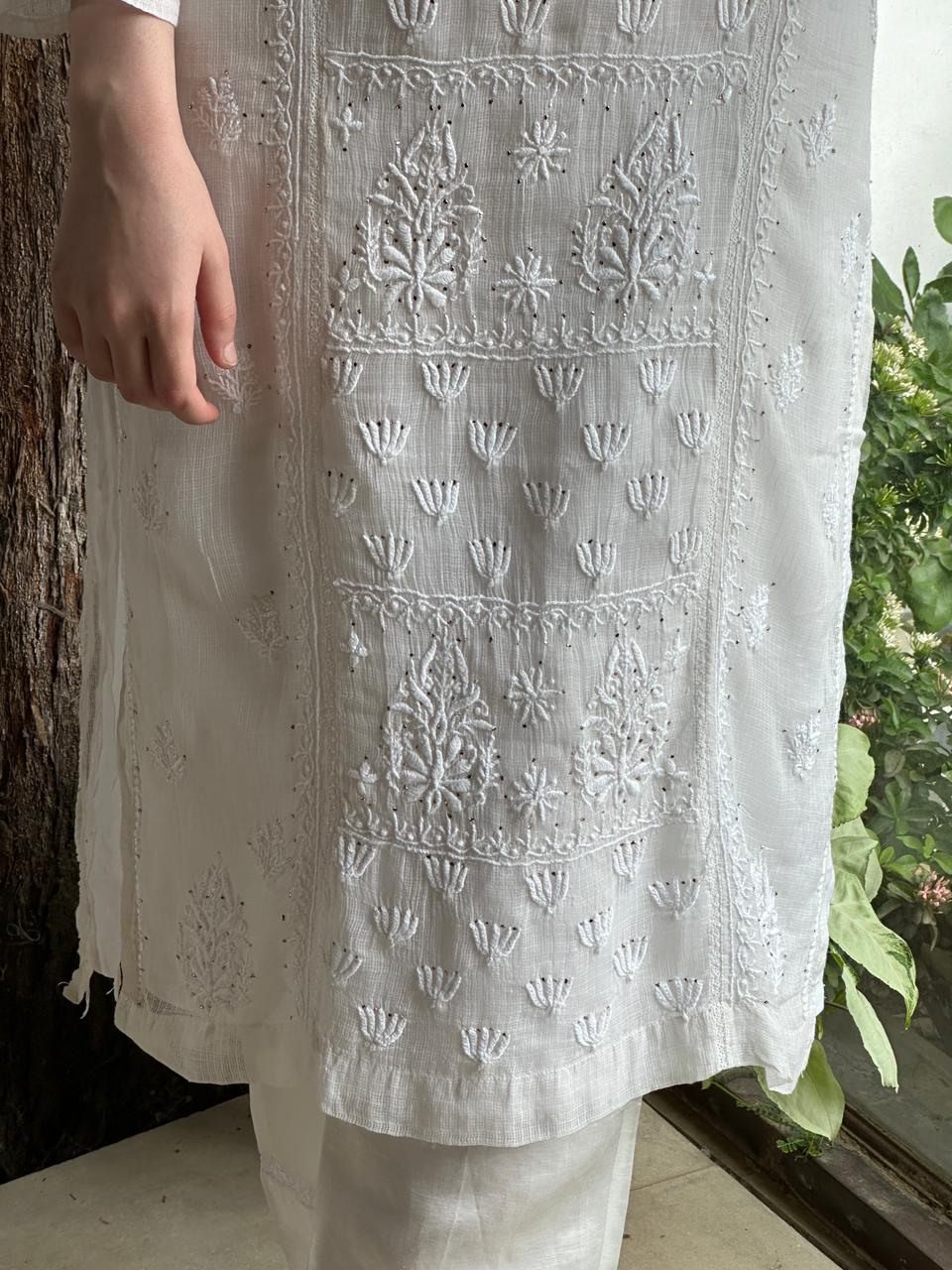 White Floral Kota Chikankari Ready To Wear Straight Kurta With Slip