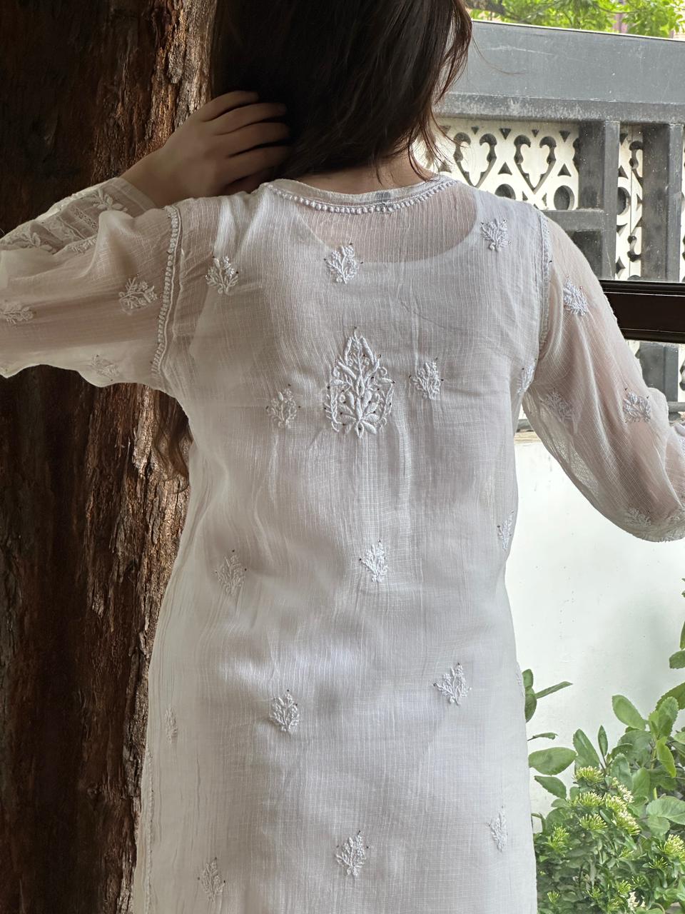 White Floral Kota Chikankari Ready To Wear Straight Kurta With Slip