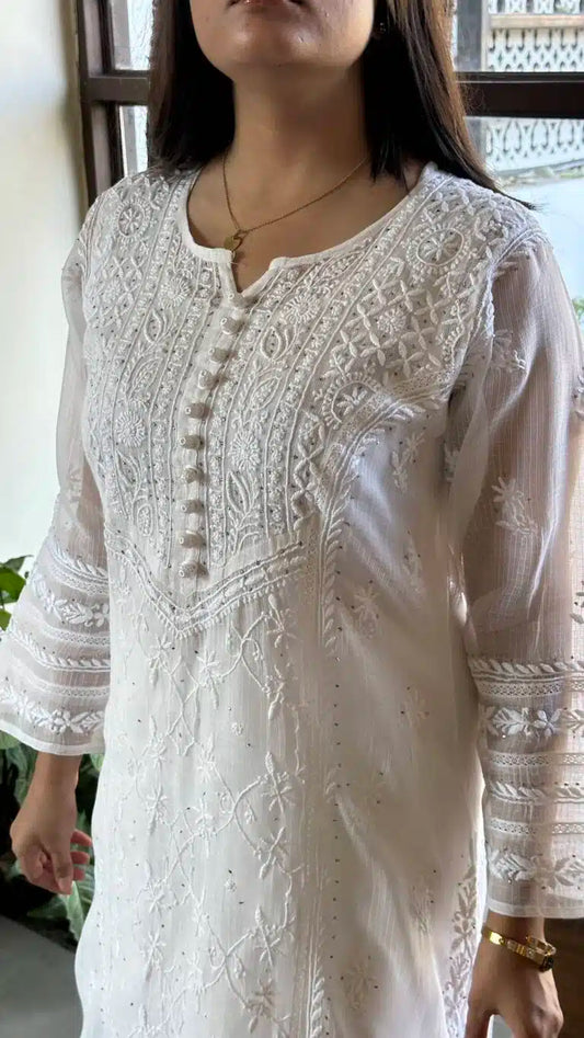 White Kota Chikankari Kurta With Mukaish Kamdani
