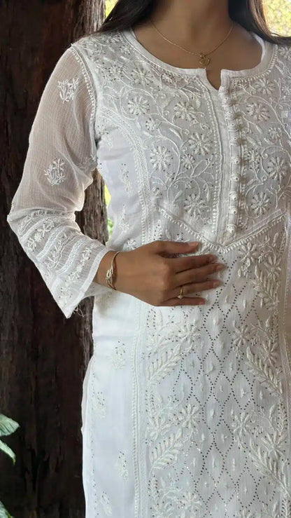 White Kota Chikankari Kurta With Mukaish Kamdani Work