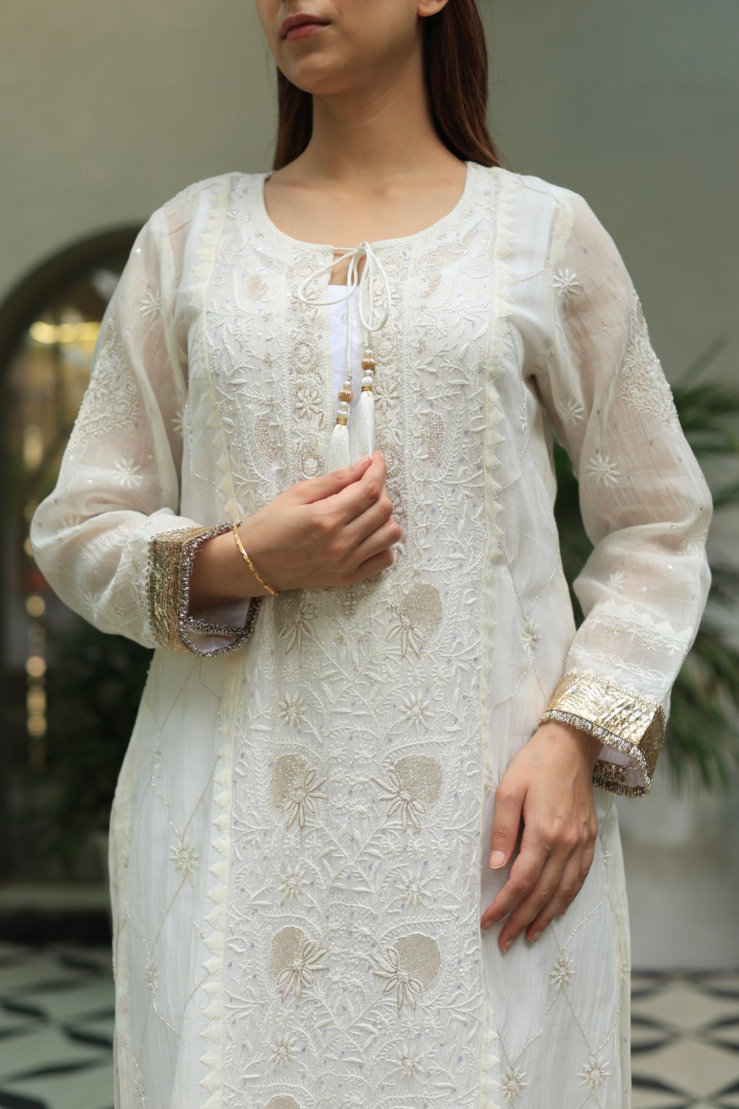 White Mulmul Pearl White Chikankari Ready to Wear Kurta Set