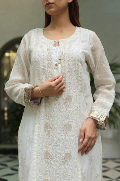 White Mulmul Pearl White Chikankari Ready to Wear Kurta Set