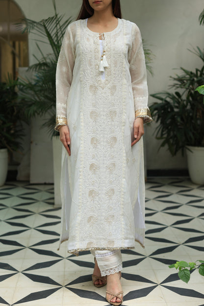 White Mulmul Pearl White Chikankari Ready to Wear Kurta Set