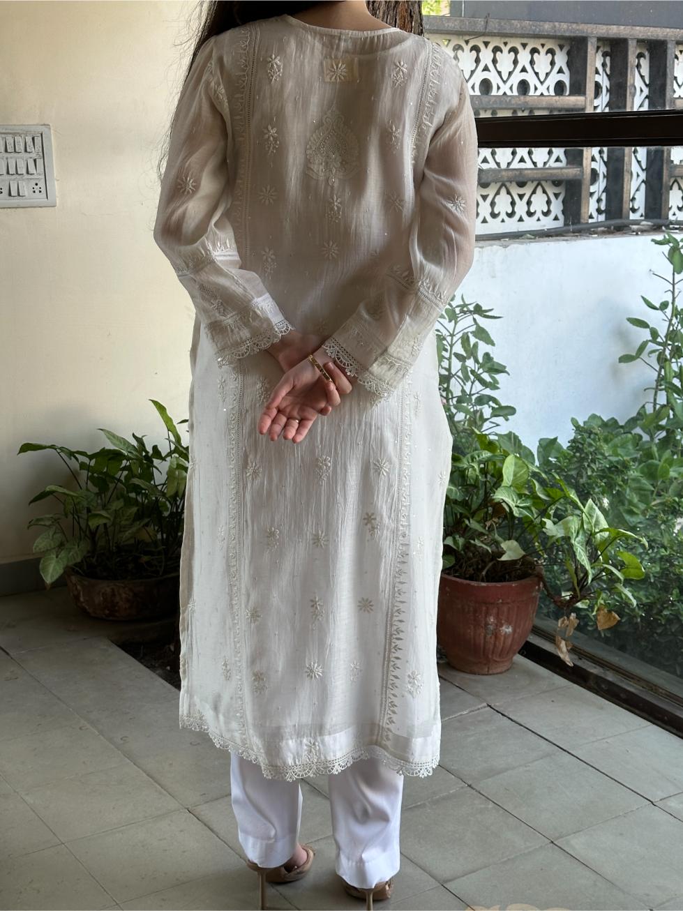 White Mulmul Pearl White Chikankari Ready to Wear Kurta Set