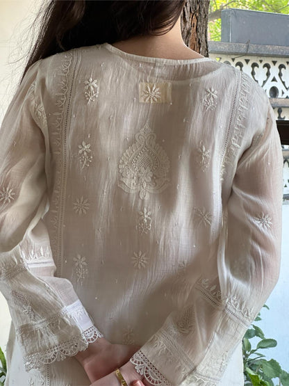White Mulmul Pearl White Chikankari Ready to Wear Kurta Set