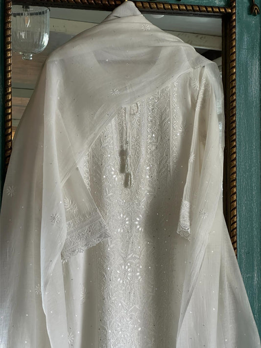 White Mulmul Pearl White Chikankari Ready to Wear Kurta Set