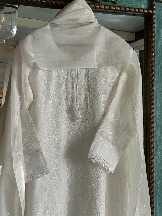 White Mulmul Pearl White Chikankari Ready to Wear Kurta Set
