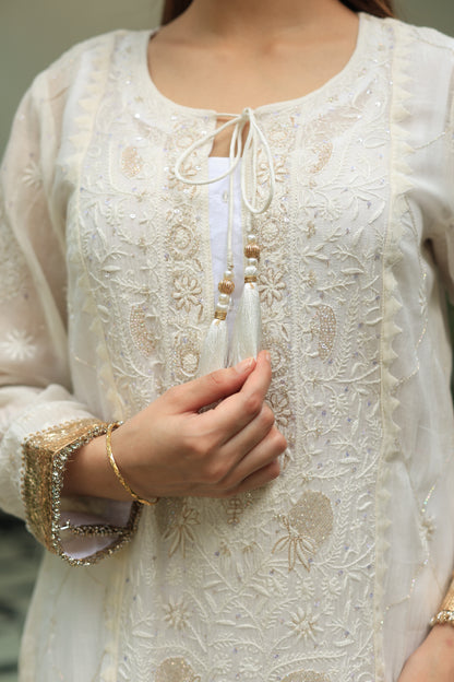 White Mulmul Pearl White Chikankari Ready to Wear Kurta Set
