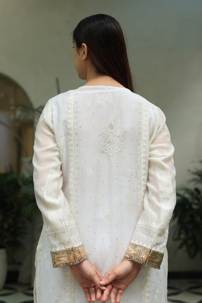 White Mulmul Pearl White Chikankari Ready to Wear Kurta Set