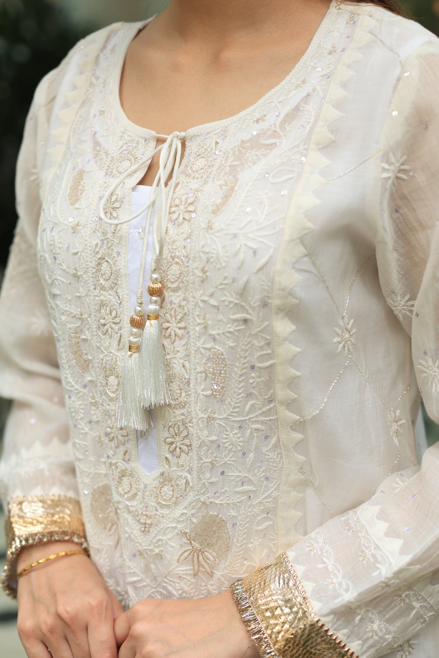 White Mulmul Pearl White Chikankari Ready to Wear Kurta Set