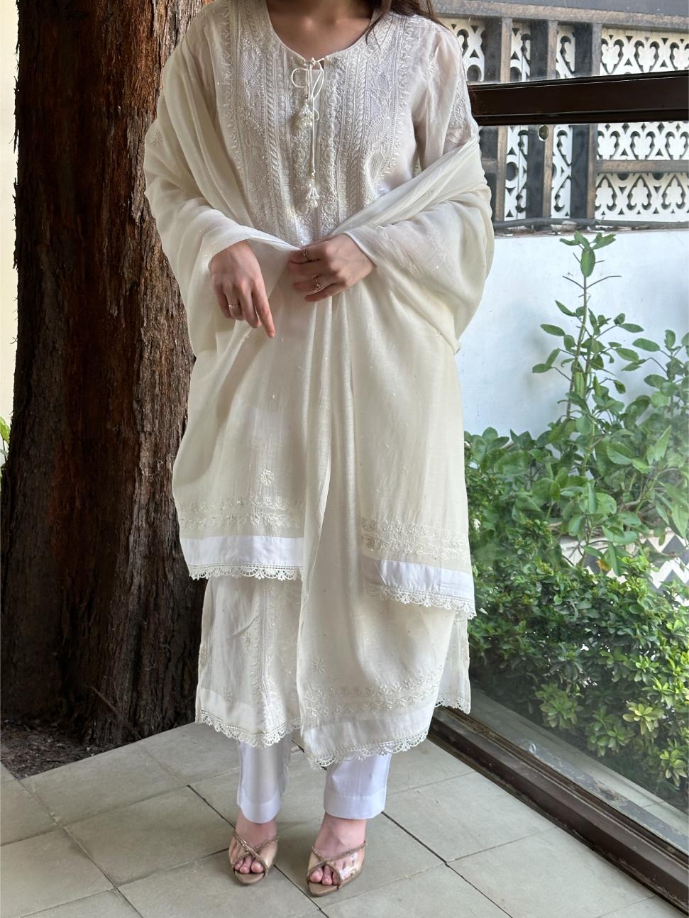 White Mulmul Pearl White Chikankari Ready to Wear Kurta Set