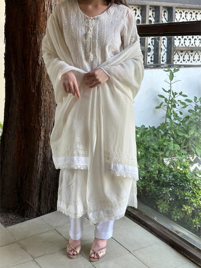 White Mulmul Pearl White Chikankari Ready to Wear Kurta Set