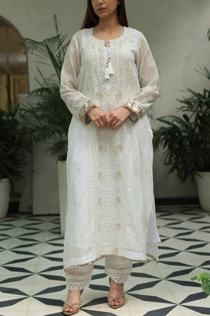 White Mulmul Pearl White Chikankari Ready to Wear Kurta Set