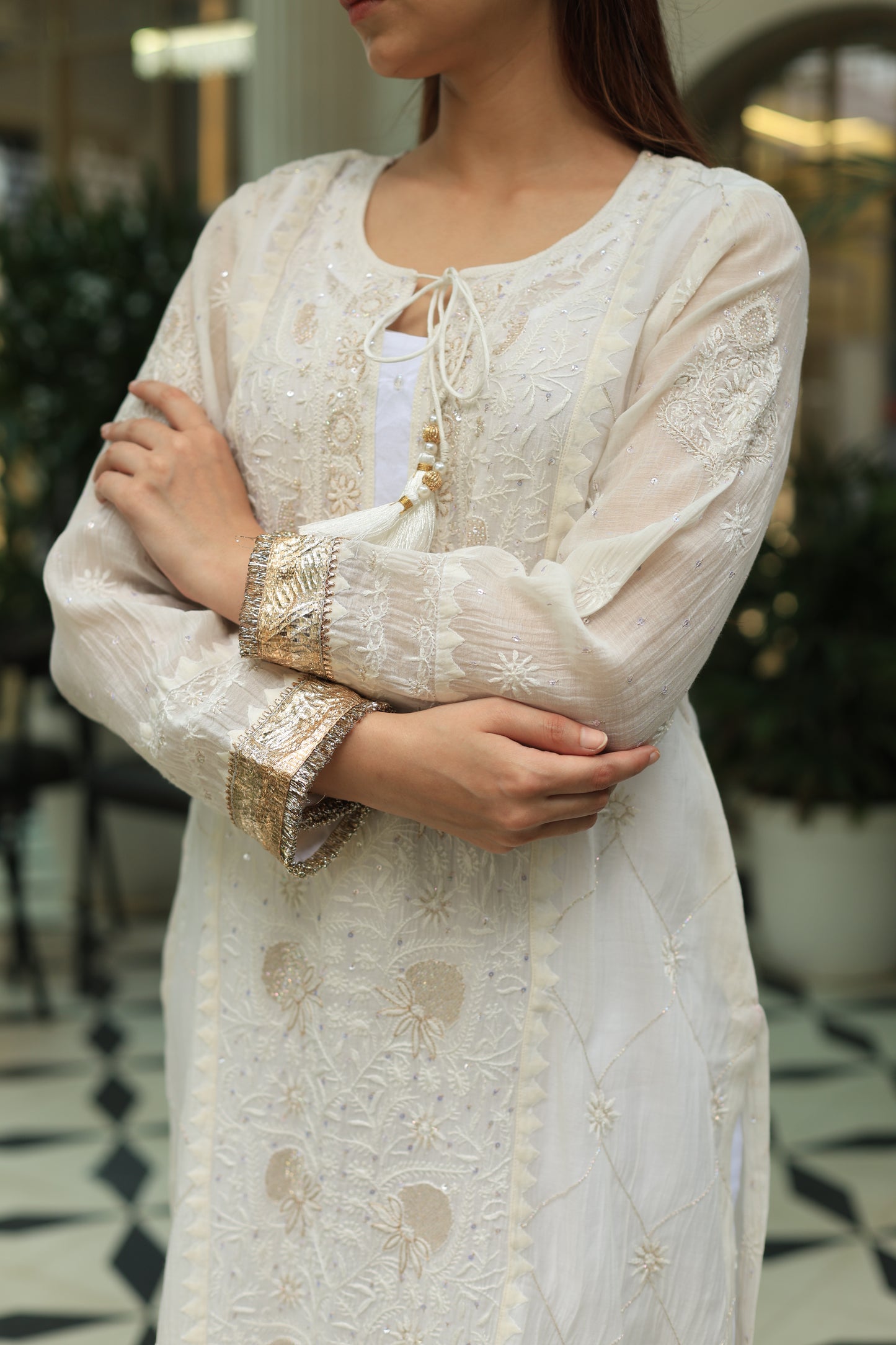 White Mulmul Pearl White Chikankari Ready to Wear Kurta Set