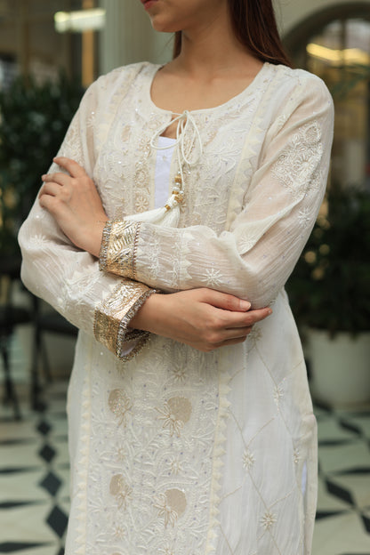White Mulmul Pearl White Chikankari Ready to Wear Kurta Set