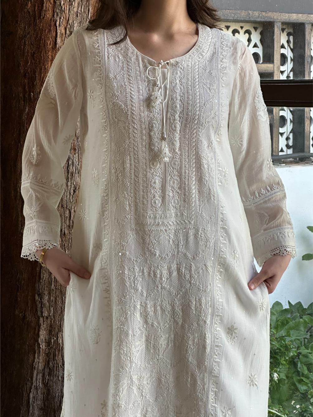 White Mulmul Pearl White Chikankari Ready to Wear Kurta Set