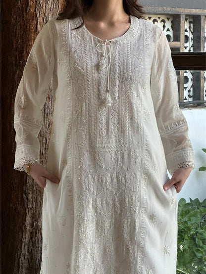 White Mulmul Pearl White Chikankari Ready to Wear Kurta Set