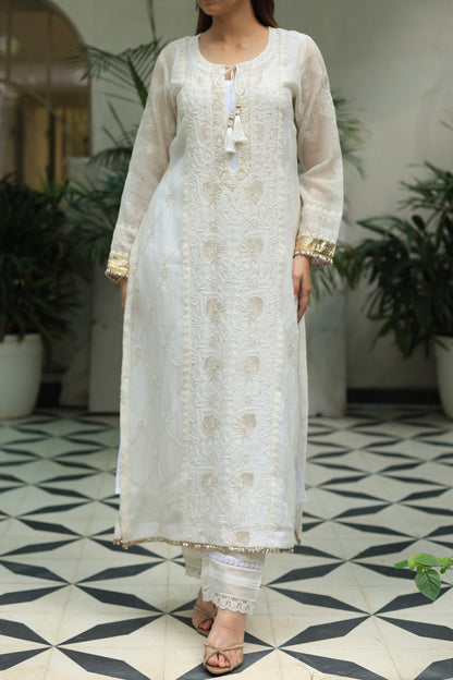 White Mulmul Pearl White Chikankari Ready to Wear Kurta Set