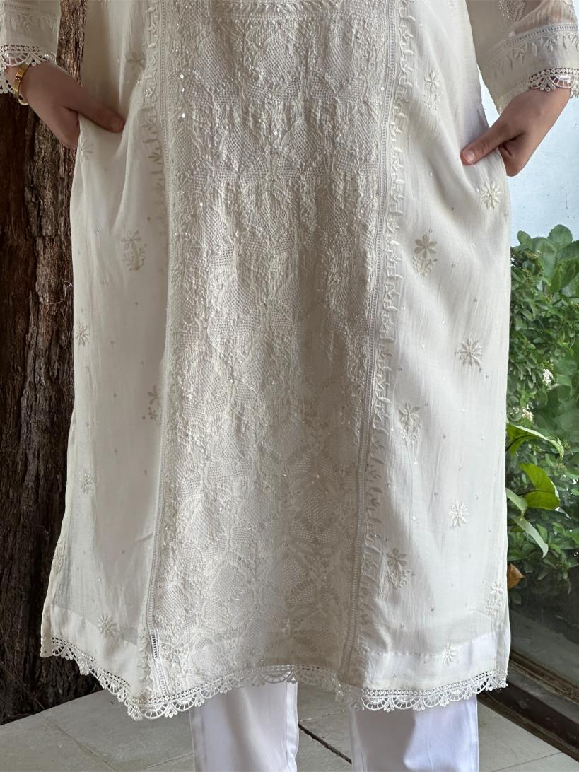 White Mulmul Pearl White Chikankari Ready to Wear Kurta Set