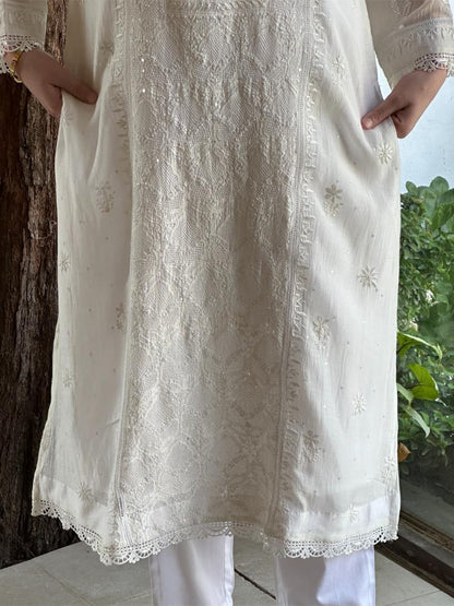 White Mulmul Pearl White Chikankari Ready to Wear Kurta Set