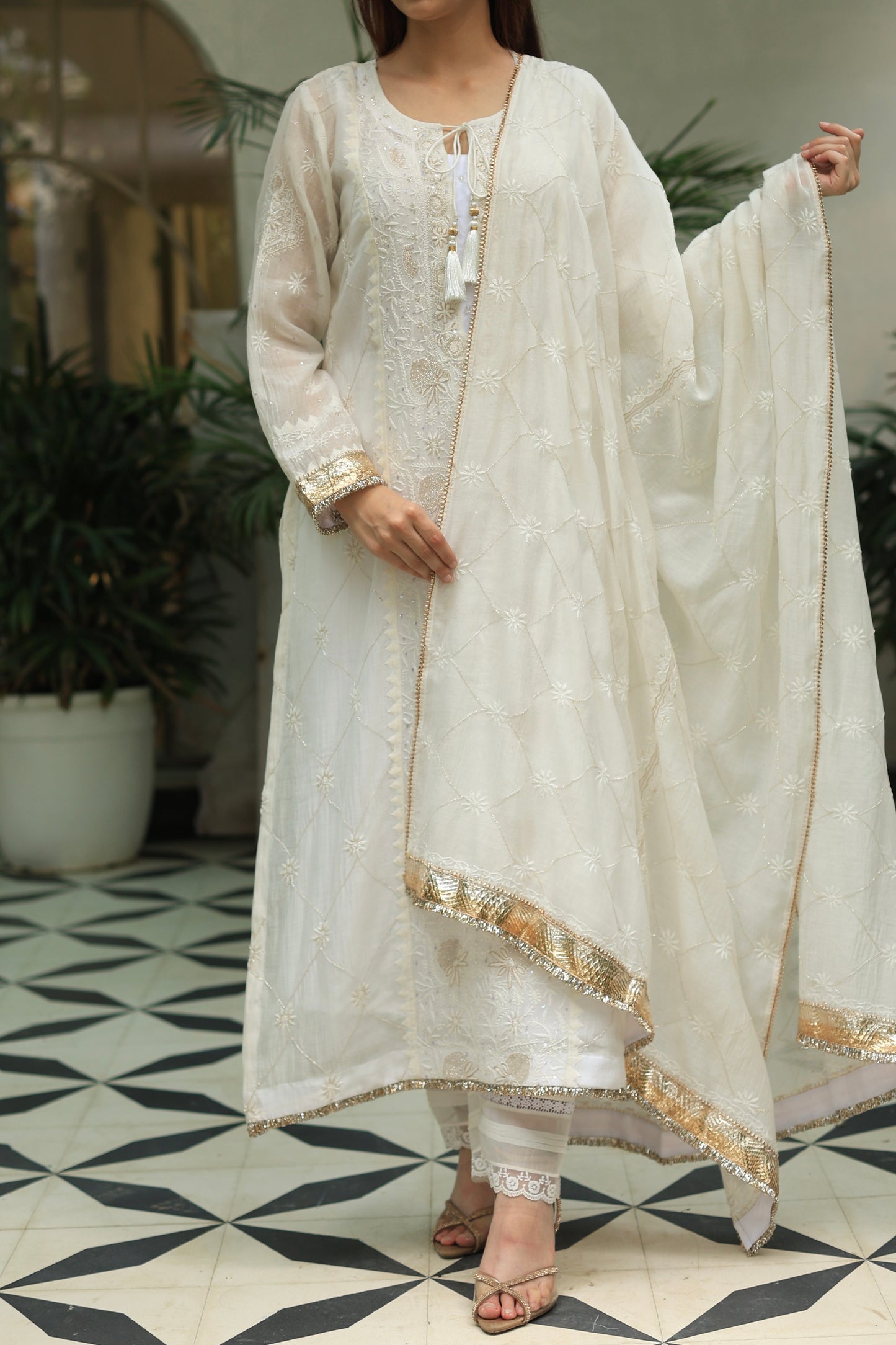 White Mulmul Pearl White Chikankari Ready to Wear Kurta Set