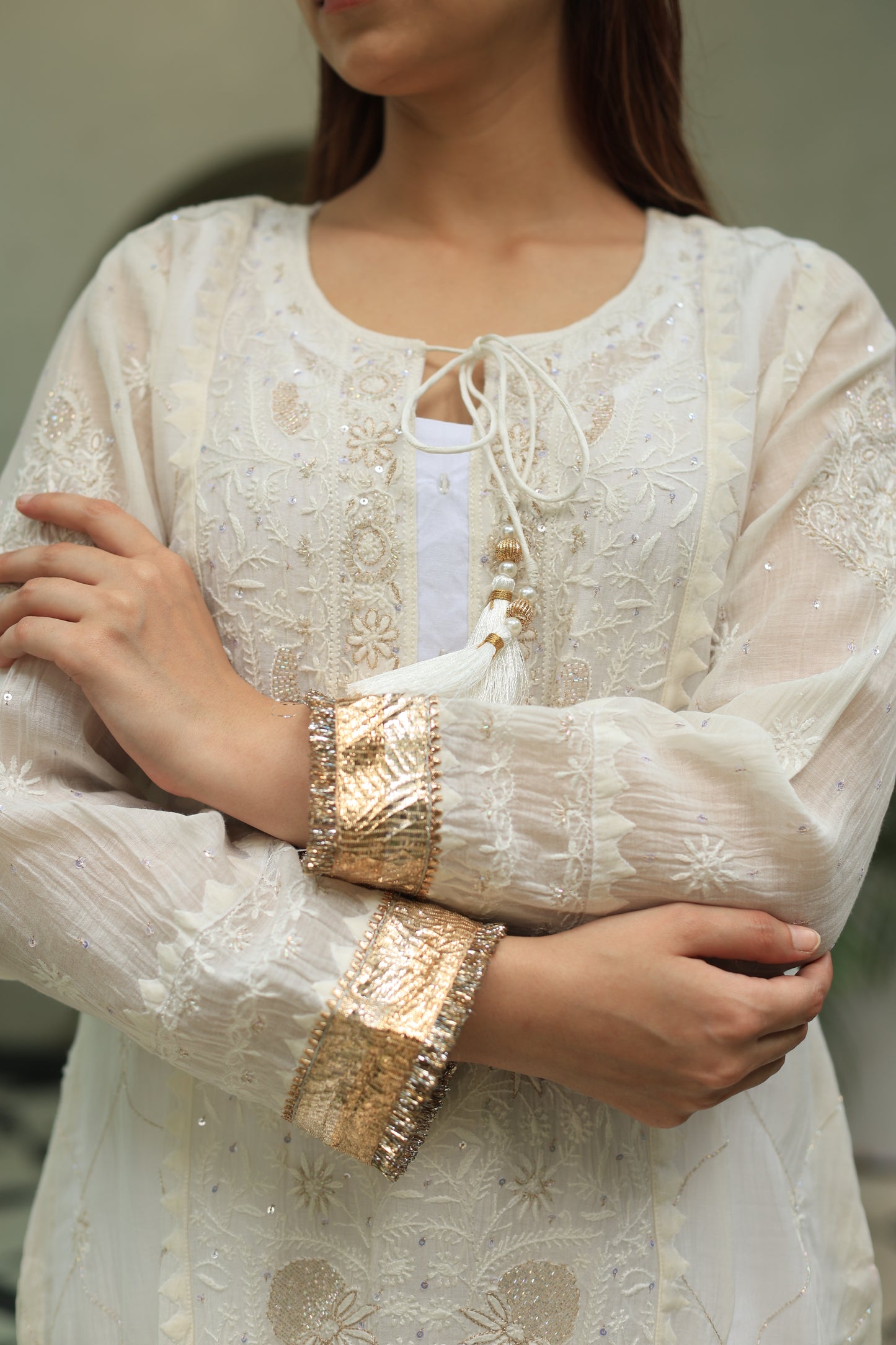 White Mulmul Pearl White Chikankari Ready to Wear Kurta Set