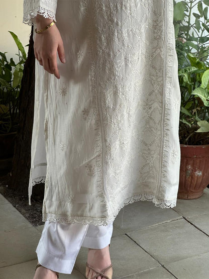 White Mulmul Pearl White Chikankari Ready to Wear Kurta Set