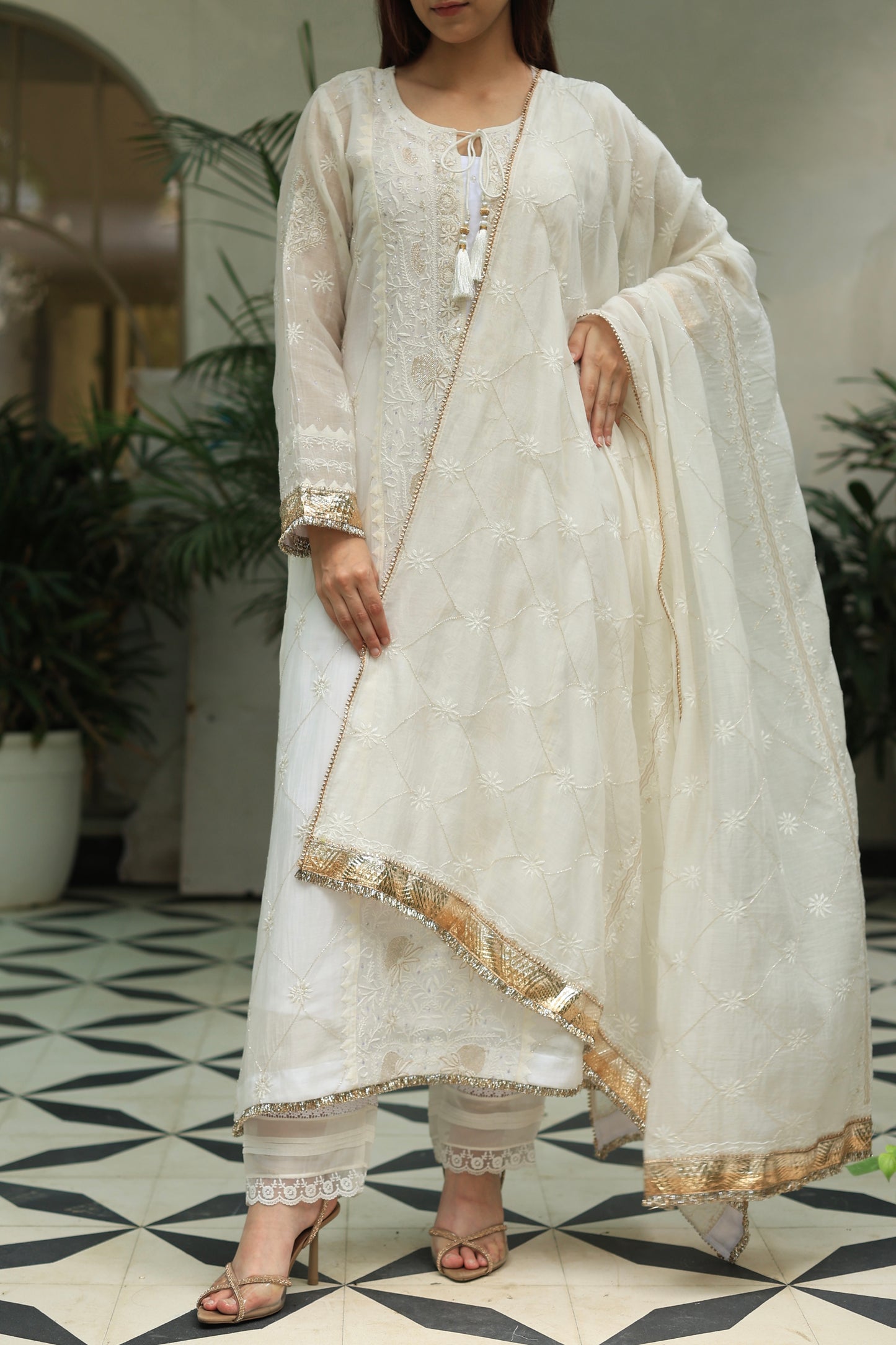 White Mulmul Pearl White Chikankari Ready to Wear Kurta Set