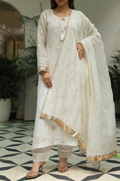 White Mulmul Pearl White Chikankari Ready to Wear Kurta Set