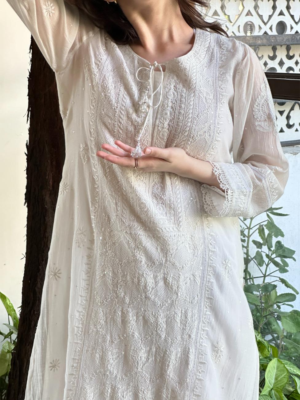 White Mulmul Pearl White Chikankari Ready to Wear Kurta Set