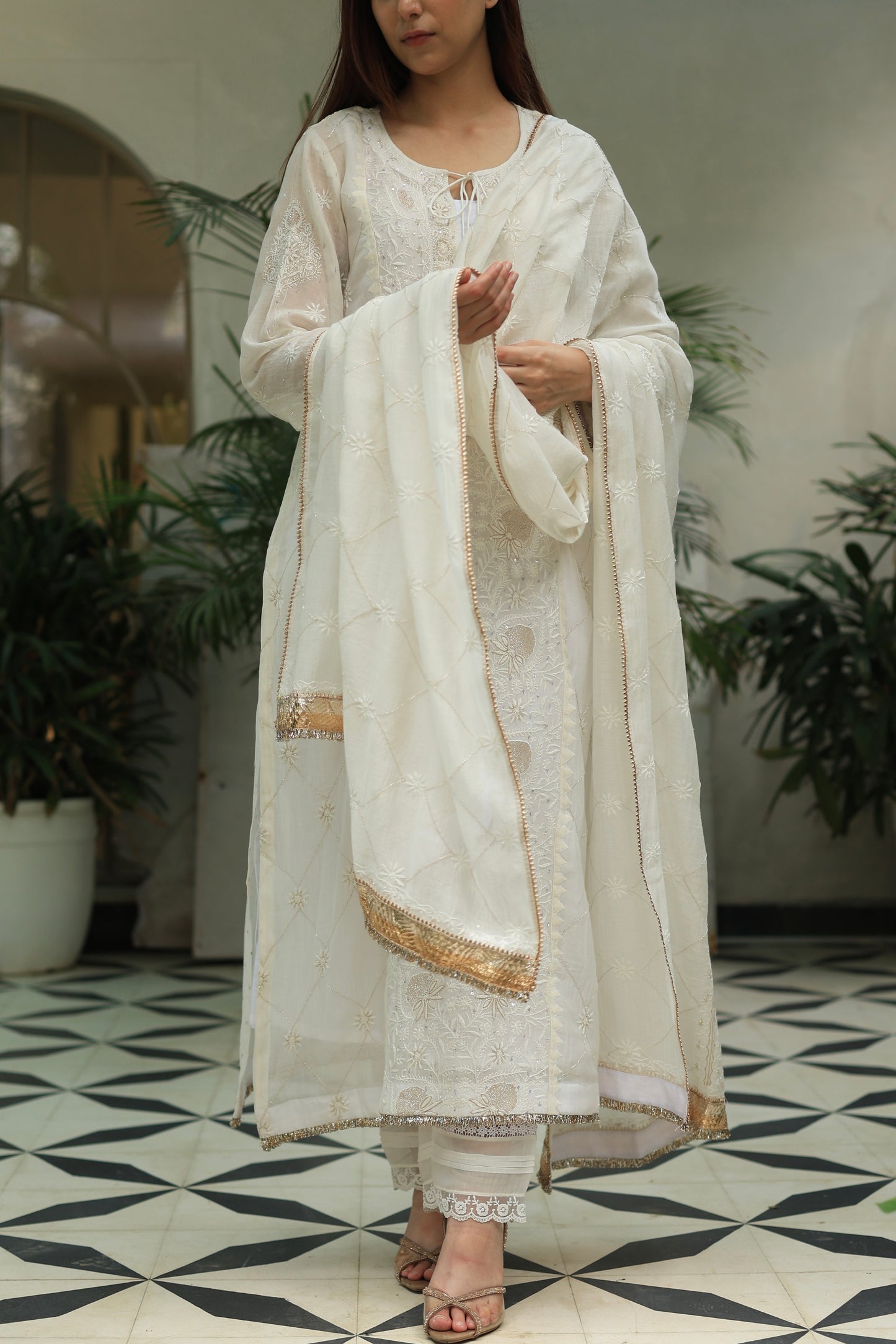 White Mulmul Pearl White Chikankari Ready to Wear Kurta Set