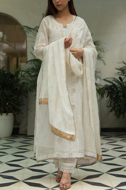 White Mulmul Pearl White Chikankari Ready to Wear Kurta Set