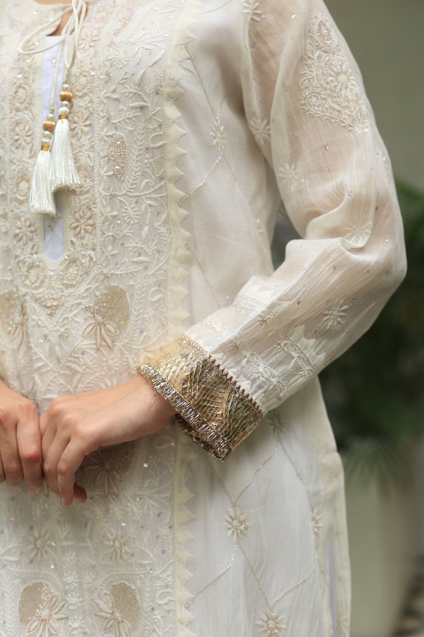 White Mulmul Pearl White Chikankari Ready to Wear Kurta Set