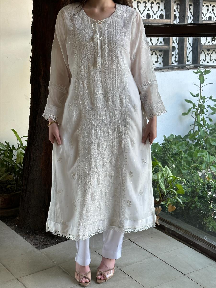 White Mulmul Pearl White Chikankari Ready to Wear Kurta Set