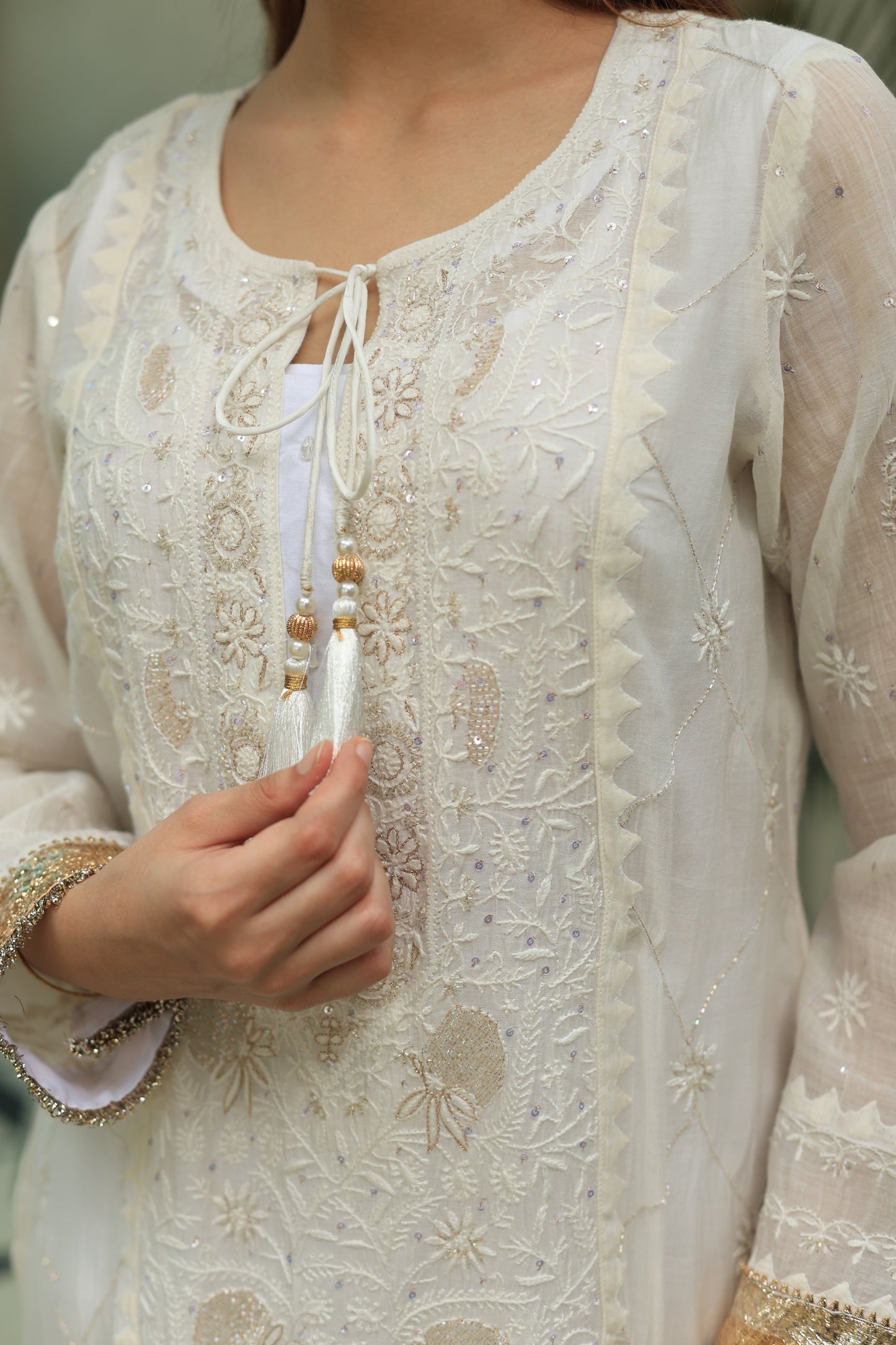 White Mulmul Pearl White Chikankari Ready to Wear Kurta Set