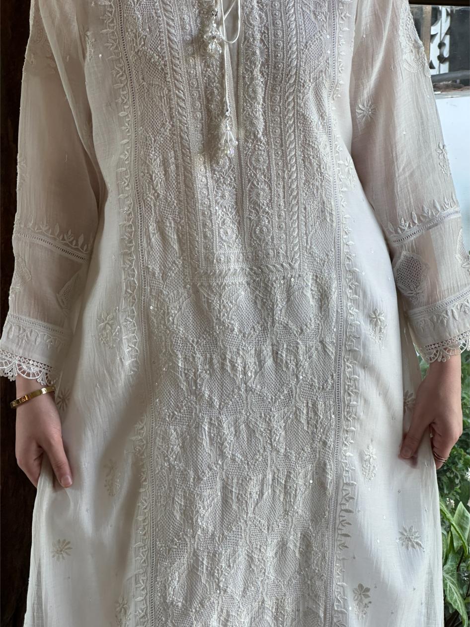 White Mulmul Pearl White Chikankari Ready to Wear Kurta Set