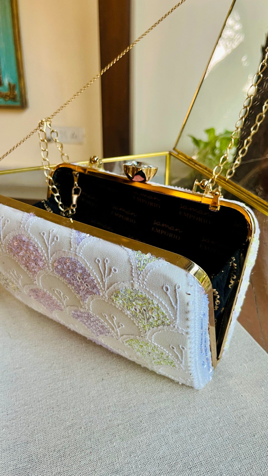 White Multi Georgette Sequins Chikankari Handle Sling Clutch