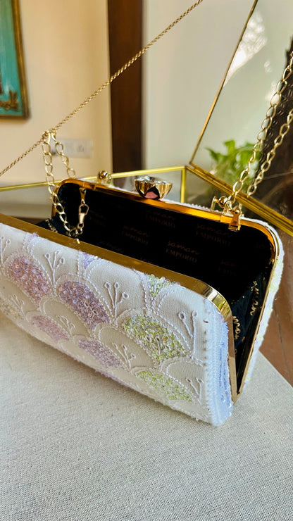 White Multi Georgette Sequins Chikankari Handle Sling Clutch
