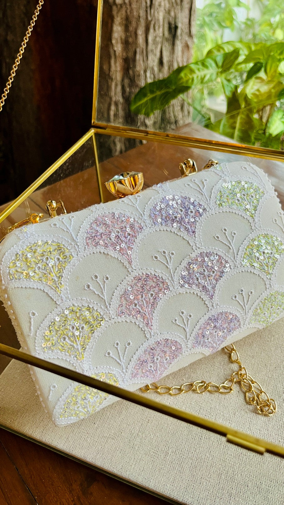 White Multi Georgette Sequins Chikankari Handle Sling Clutch