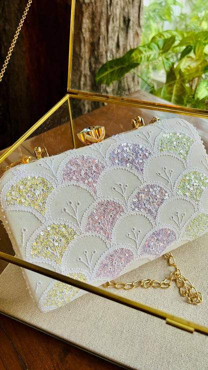 White Multi Georgette Sequins Chikankari Handle Sling Clutch