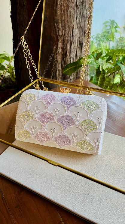 White Multi Georgette Sequins Chikankari Handle Sling Clutch