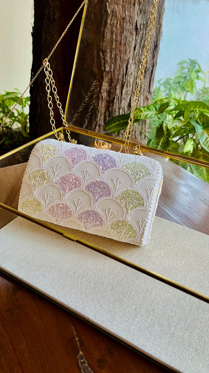 White Multi Georgette Sequins Chikankari Handle Sling Clutch