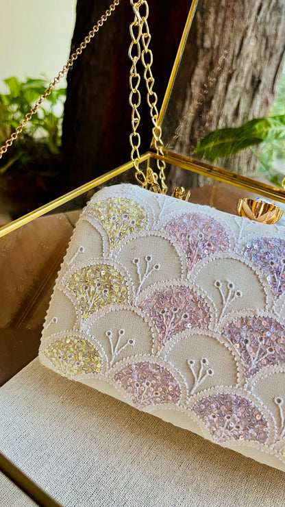 White Multi Georgette Sequins Chikankari Handle Sling Clutch